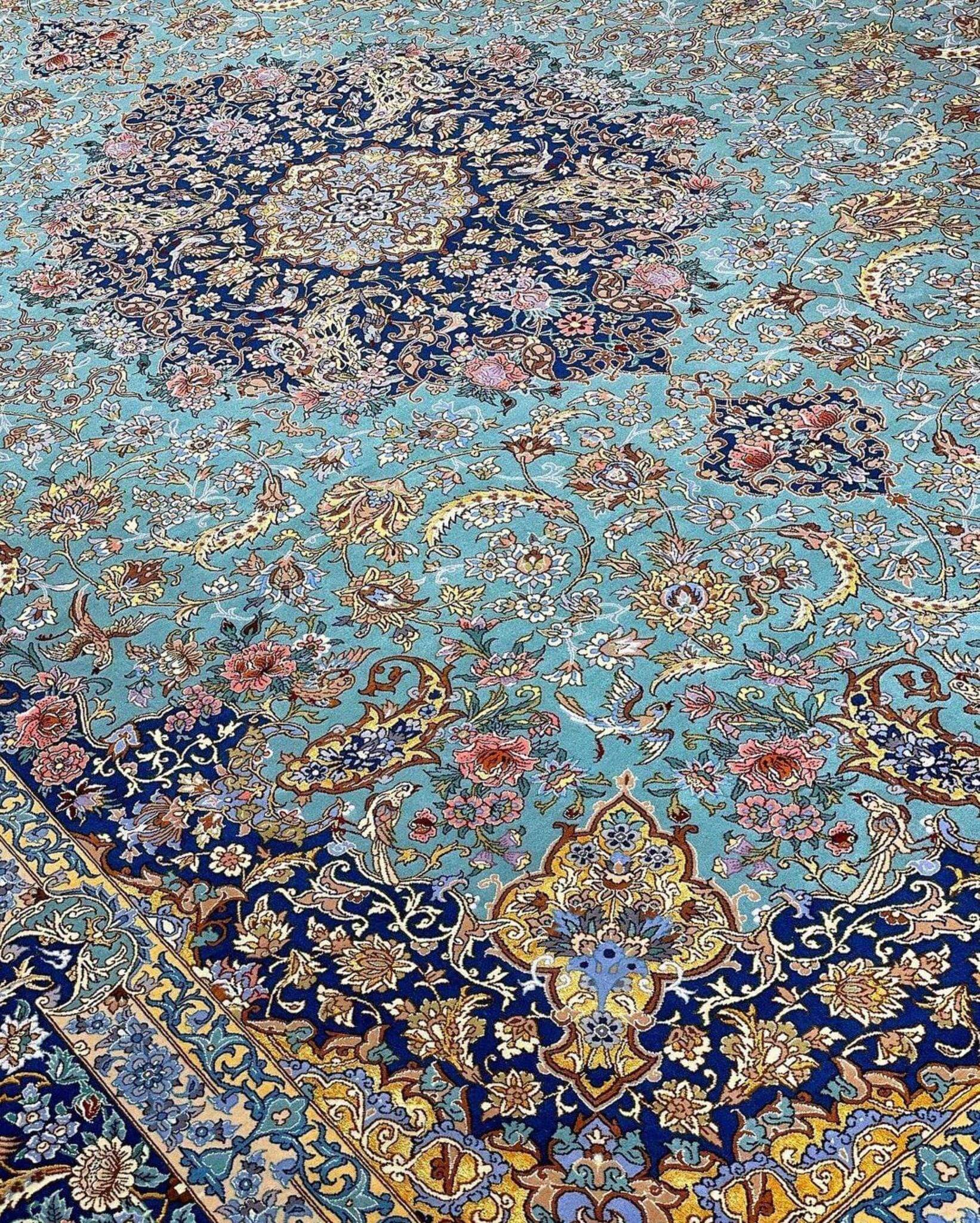 "Custom Persian rug for sale, hand-knotted in Iran with premium silk and wool materials."